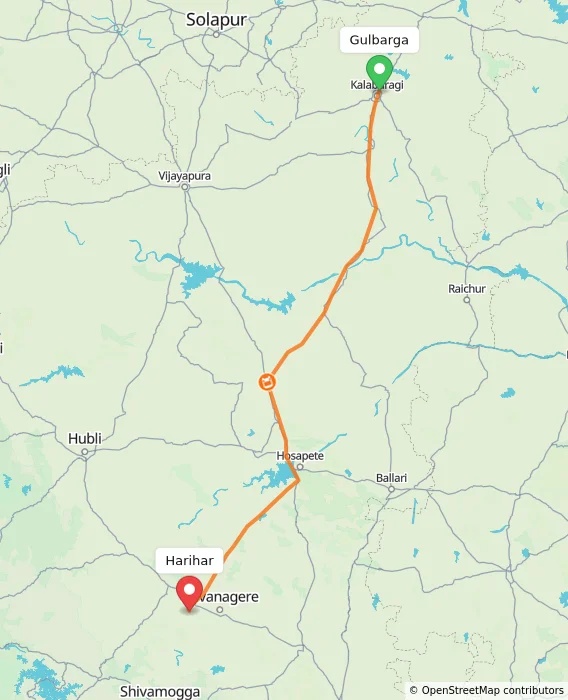 Route map showing distance and travel time from Gulbarga, India to Harihar, India
