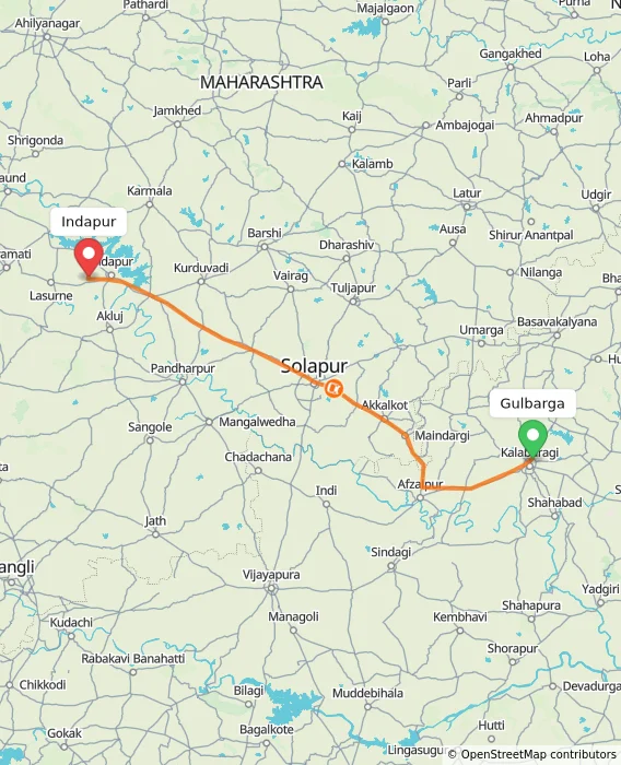 Route map showing distance and travel time from Gulbarga, India to Indapur, India