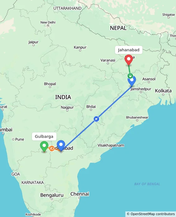 Route map showing distance and travel time from Gulbarga, India to Jahanabad, India