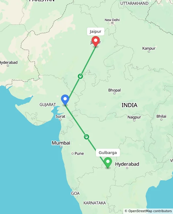 Route map showing distance and travel time from Gulbarga, India to Jaipur, India