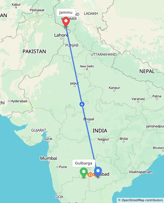 Route map showing distance and travel time from Gulbarga, India to Jammu, India