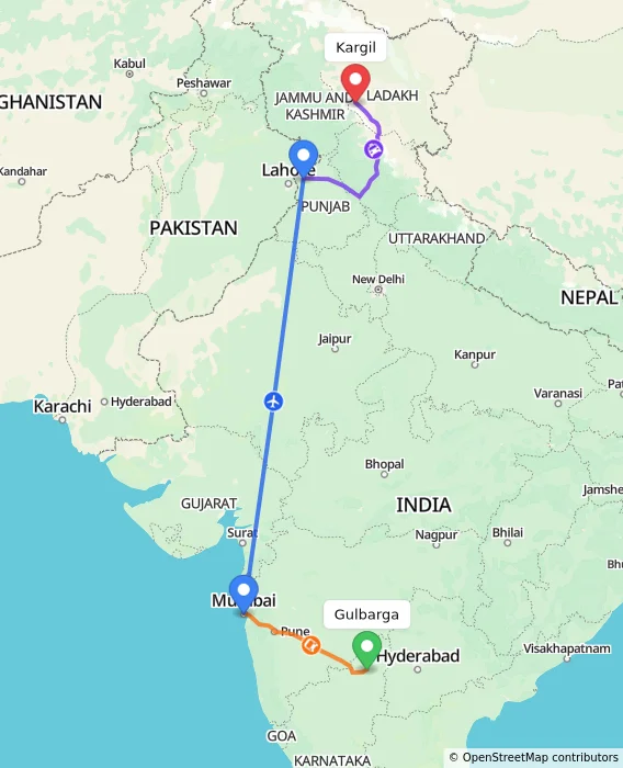 Route map showing distance and travel time from Gulbarga, India to Kargil, India