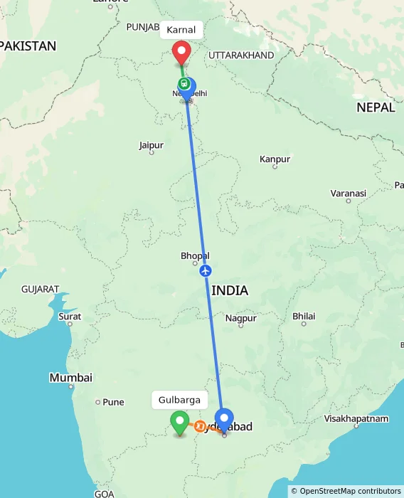 Route map showing distance and travel time from Gulbarga, India to Karnal, India