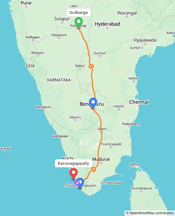 Route map showing distance and travel time from Gulbarga, India to Karunagappally, India