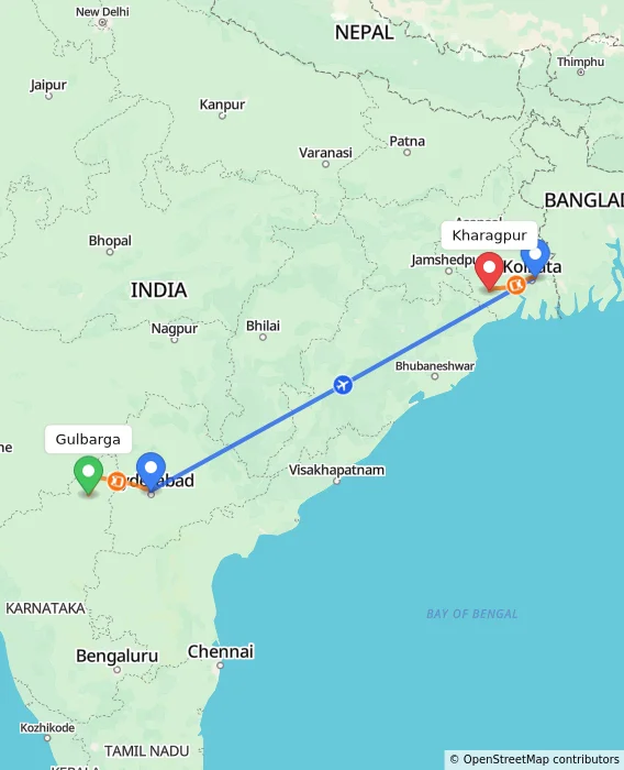 Route map showing distance and travel time from Gulbarga, India to Kharagpur, India