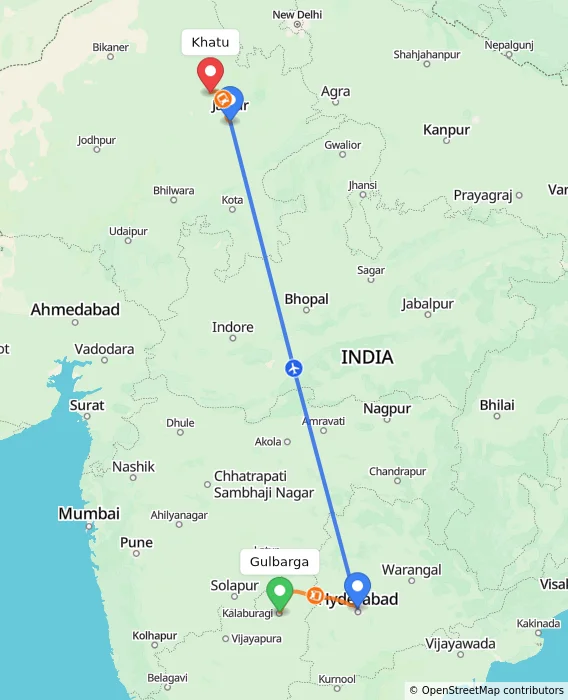 Route map showing distance and travel time from Gulbarga, India to Khatu, India