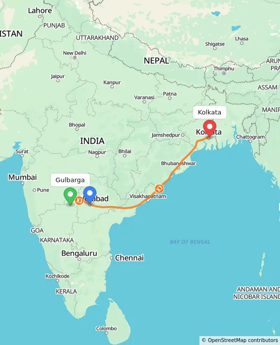 Route map showing distance and travel time from Gulbarga, India to Kolkata, India