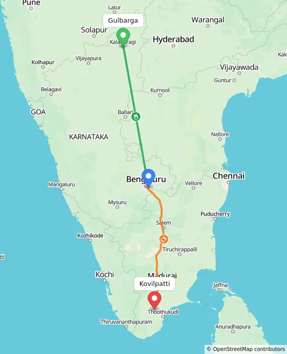 Route map showing distance and travel time from Gulbarga, India to Kovilpatti, India