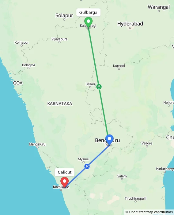 Route map showing distance and travel time from Gulbarga, India to Kozhikode, India