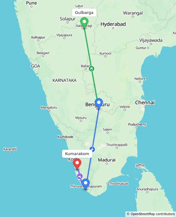 Route map showing distance and travel time from Gulbarga, India to Kumarakom, India