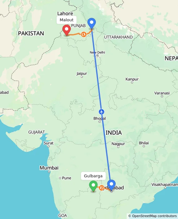Route map showing distance and travel time from Gulbarga, India to Malout, India