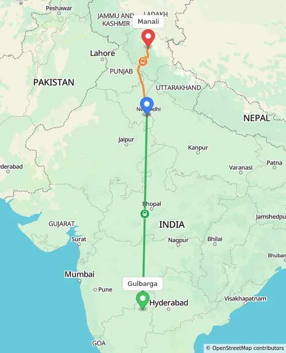 Route map showing distance and travel time from Gulbarga, India to Manali, India