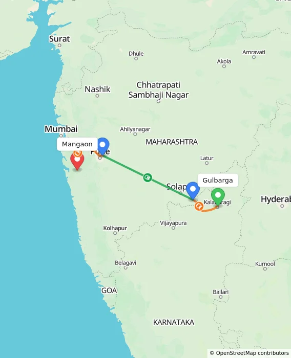 Route map showing distance and travel time from Gulbarga, India to Mangaon, India