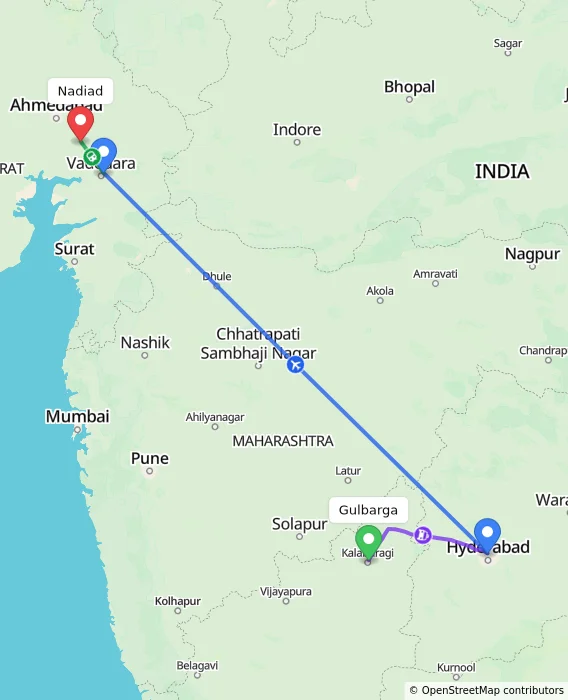 Route map showing distance and travel time from Gulbarga, India to Nadiad, India
