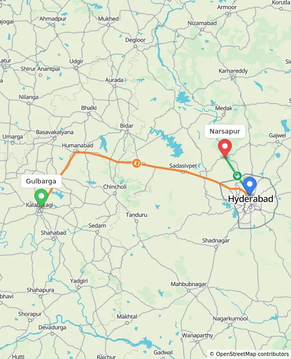 Route map showing distance and travel time from Gulbarga, India to Narsapur, India