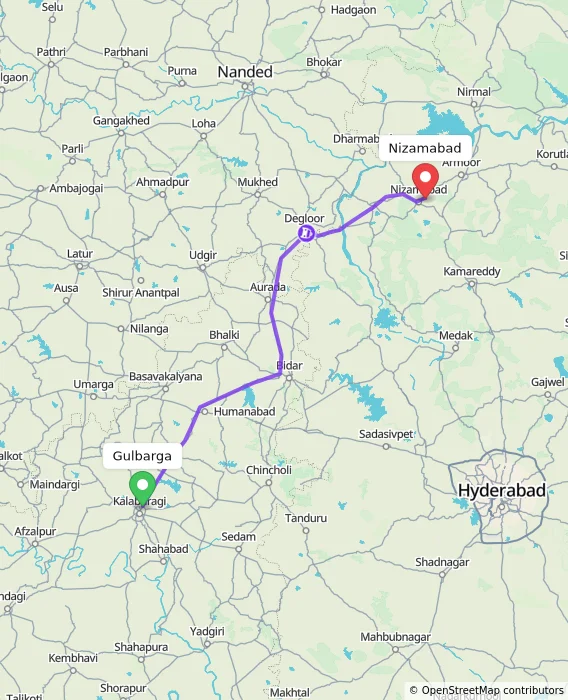 Route map showing distance and travel time from Gulbarga, India to Nizamabad, India
