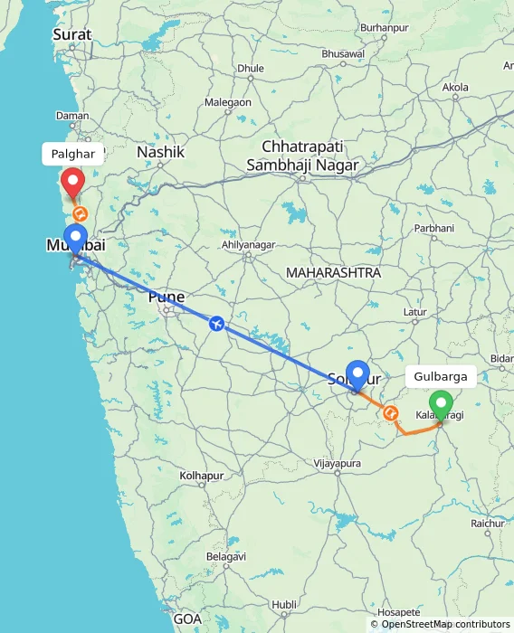 Route map showing distance and travel time from Gulbarga, India to Palghar, India
