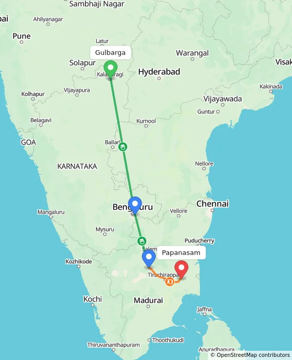Route map showing distance and travel time from Gulbarga, India to Papanasam, India