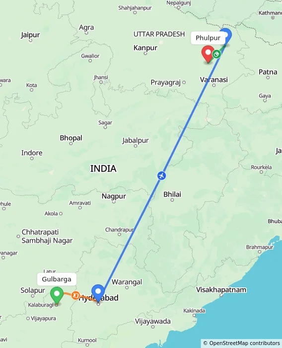 Route map showing distance and travel time from Gulbarga, India to Phulpur, India