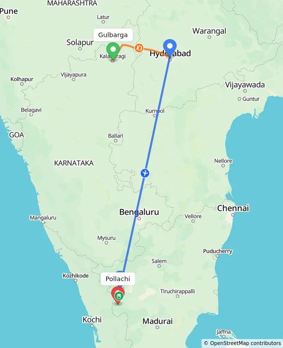 Route map showing distance and travel time from Gulbarga, India to Pollachi, India
