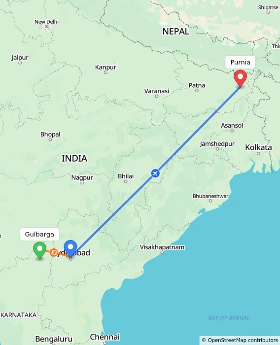 Route map showing distance and travel time from Gulbarga, India to Purnia, India