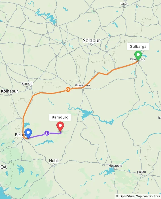Route map showing distance and travel time from Gulbarga, India to Ramdurg, India