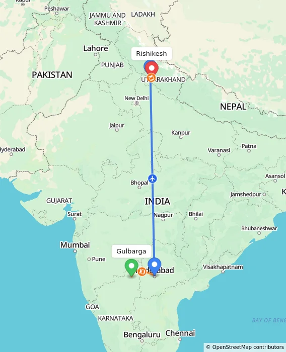Route map showing distance and travel time from Gulbarga, India to Rishikesh, India