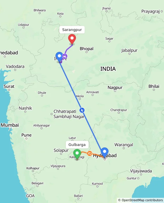 Route map showing distance and travel time from Gulbarga, India to Sarangpur, India