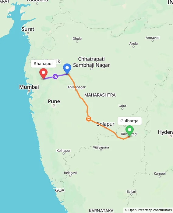 Route map showing distance and travel time from Gulbarga, India to Shahapur, India