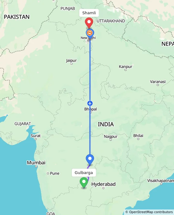 Route map showing distance and travel time from Gulbarga, India to Shamli, India