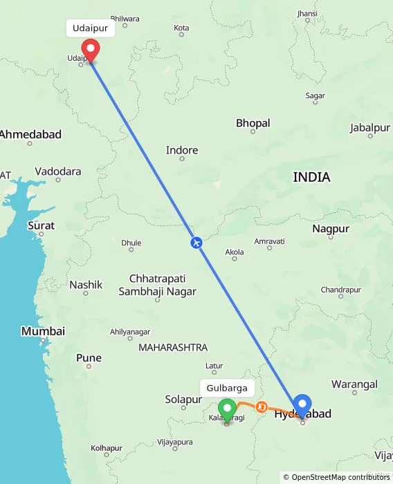Route map showing distance and travel time from Gulbarga, India to Udaipur, India