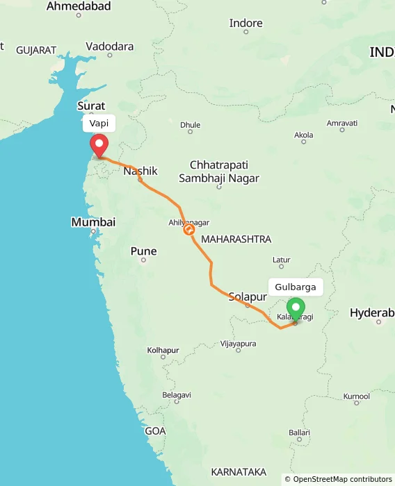 Route map showing distance and travel time from Gulbarga, India to Vapi, India