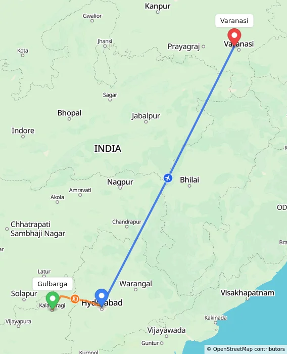 Route map showing distance and travel time from Gulbarga, India to Varanasi, India
