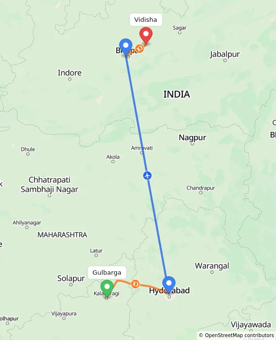 Route map showing distance and travel time from Gulbarga, India to Vidisha, India