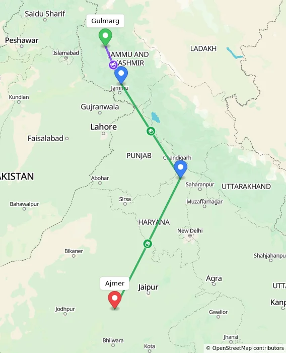 Route map showing distance and travel time from Gulmarg, India to Ajmer, India