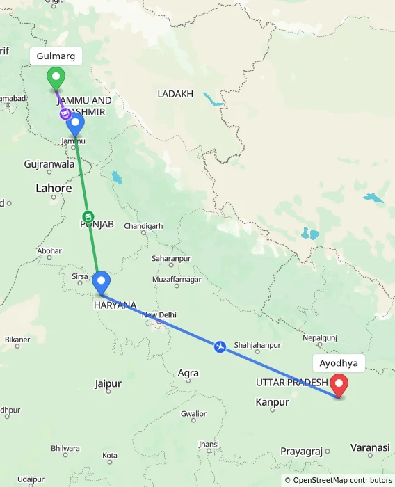 Route map showing distance and travel time from Gulmarg, India to Ayodhya, India