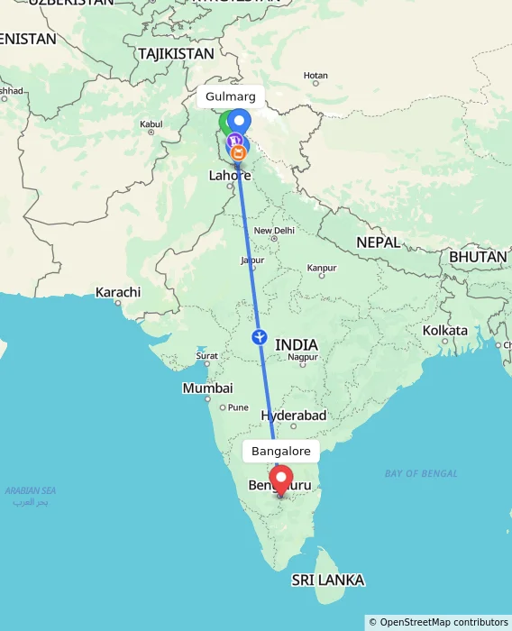 Route map showing distance and travel time from Gulmarg, India to Bangalore, India