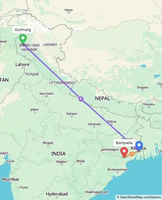 Route map showing distance and travel time from Gulmarg, India to Baripada, India