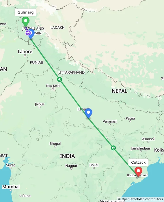 Route map showing distance and travel time from Gulmarg, India to Cuttack, India