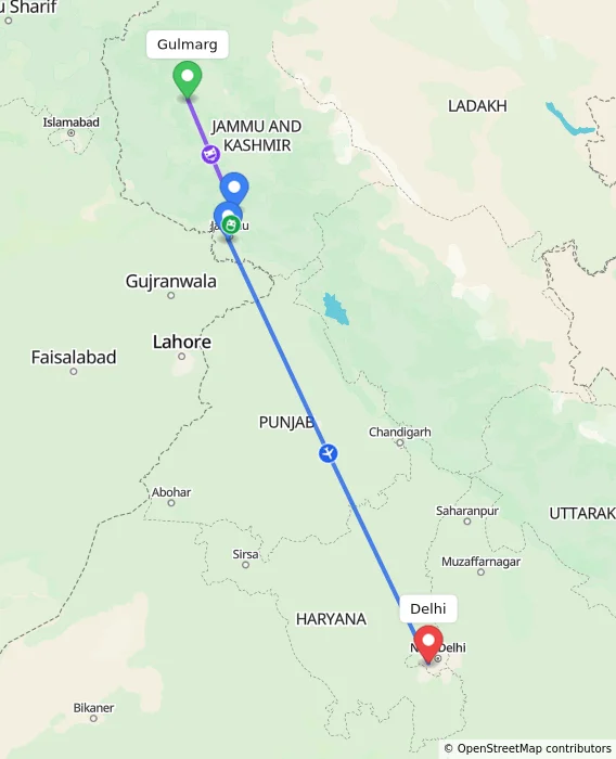 Route map showing distance and travel time from Gulmarg, India to Delhi, India