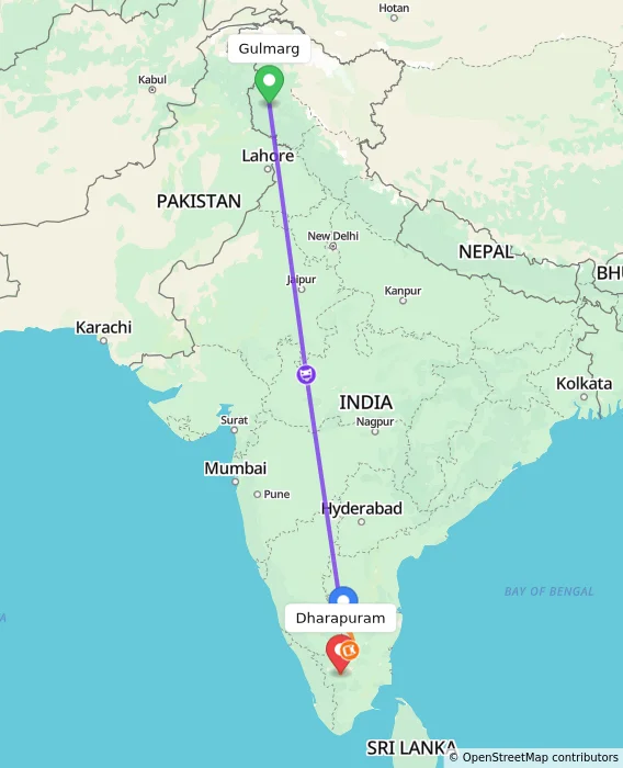 Route map showing distance and travel time from Gulmarg, India to Dharapuram, India