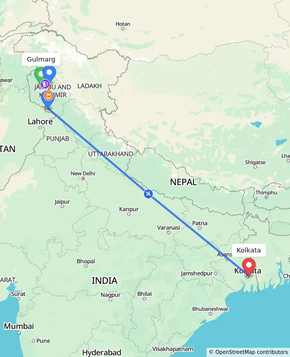 Route map showing distance and travel time from Gulmarg, India to Kolkata, India