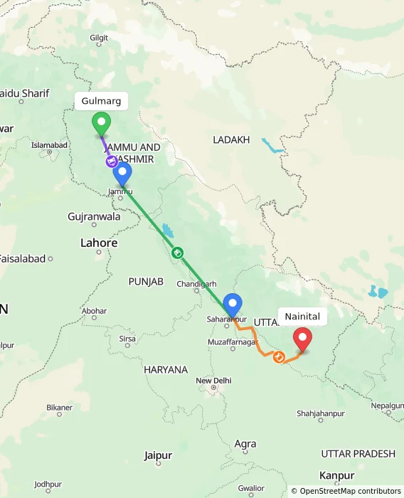 Route map showing distance and travel time from Gulmarg, India to Nainital, India