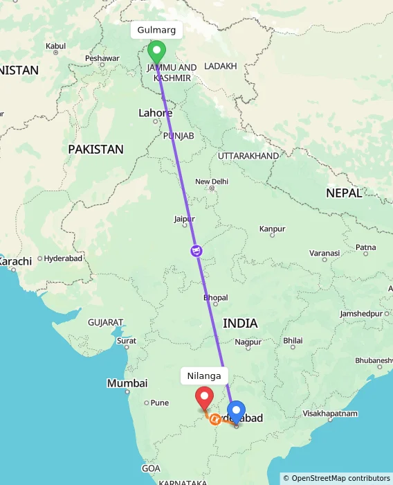 Route map showing distance and travel time from Gulmarg, India to Nilanga, India