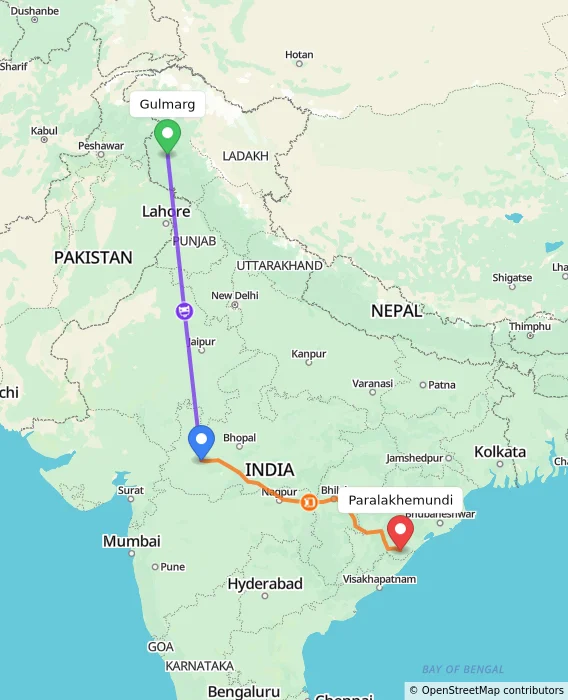 Route map showing distance and travel time from Gulmarg, India to Paralakhemundi, India