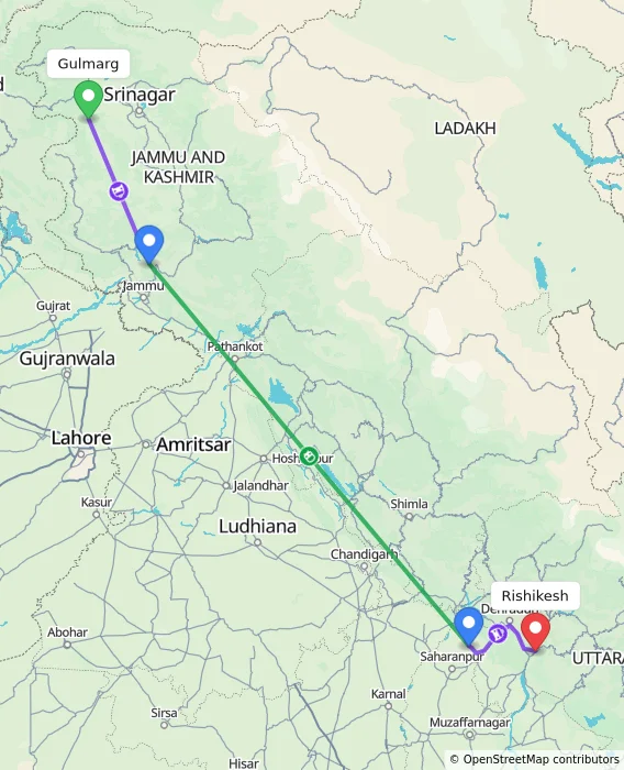 Route map showing distance and travel time from Gulmarg, India to Rishikesh, India