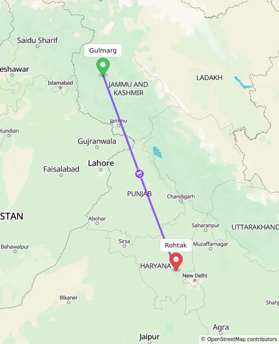 Route map showing distance and travel time from Gulmarg, India to Rohtak, India