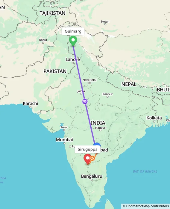 Route map showing distance and travel time from Gulmarg, India to Siruguppa, India