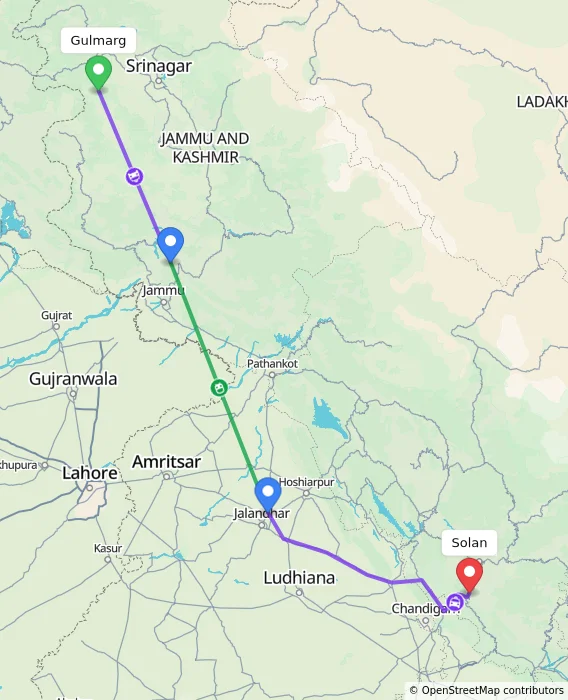 Route map showing distance and travel time from Gulmarg, India to Solan, India