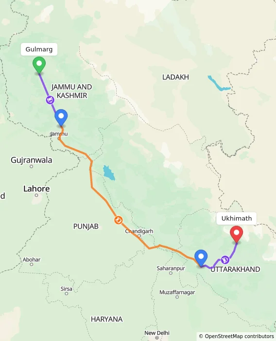 Route map showing distance and travel time from Gulmarg, India to Ukhimath, India